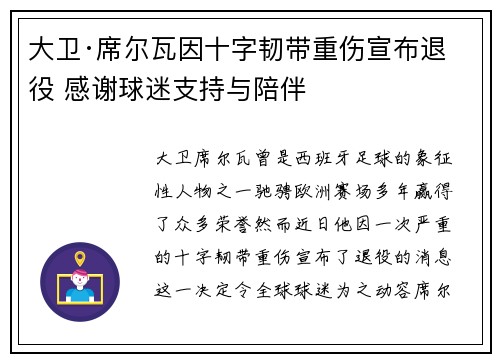 大卫·席尔瓦因十字韧带重伤宣布退役 感谢球迷支持与陪伴 大卫·席尔瓦因十字韧带重伤宣布退役 感谢球迷支持与陪伴